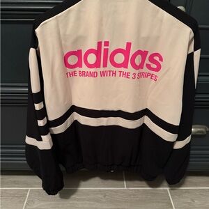 Adidas Black and Cream Jacket with Pink Logo